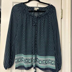 Sophia Max Navy & Green Boho Long Sleeve Blouse. Size M. Sheer With Ties.
